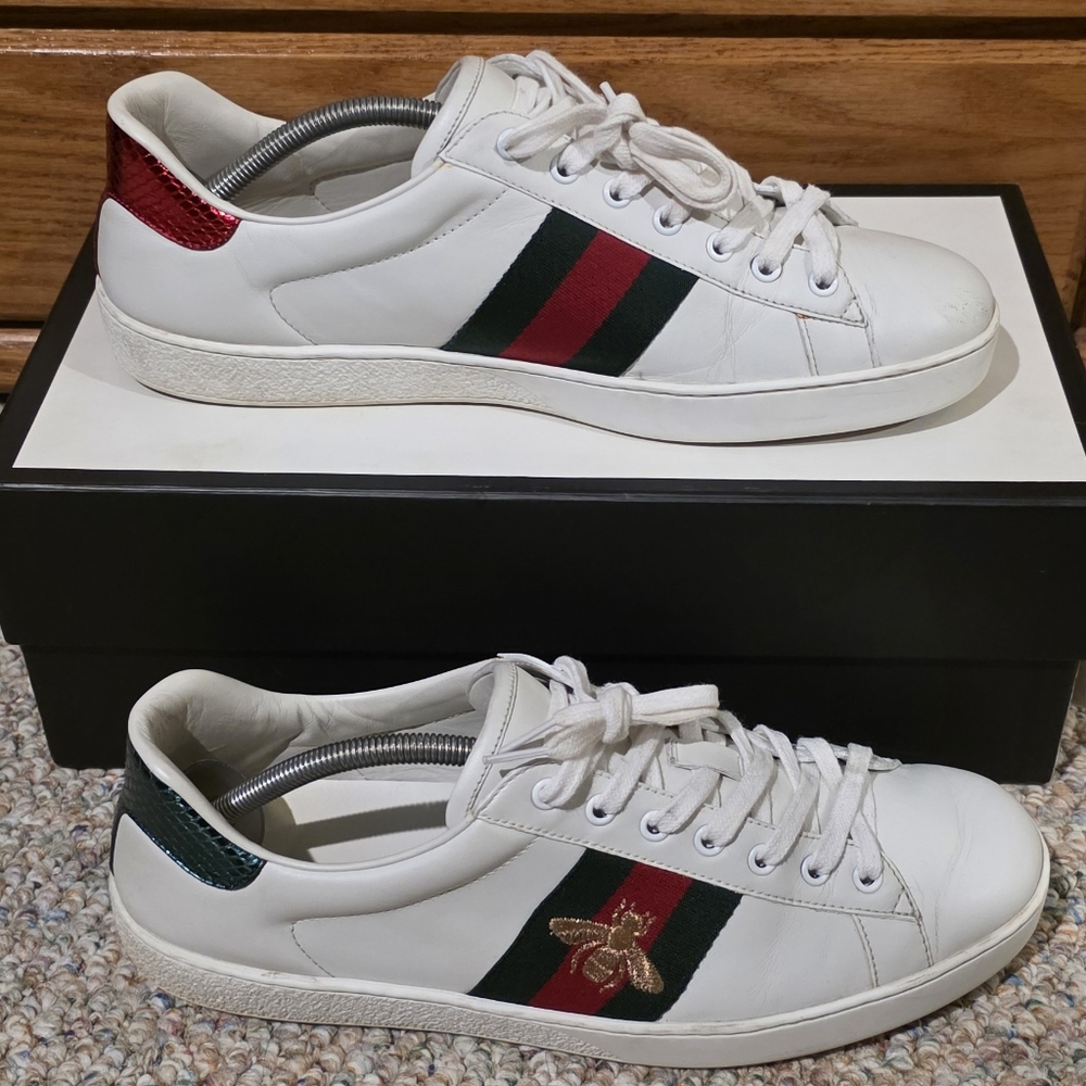 Gucci Ace White Leather Sneakers W/ Bee, Webb Red And Green Stripe M10.5/W11.5